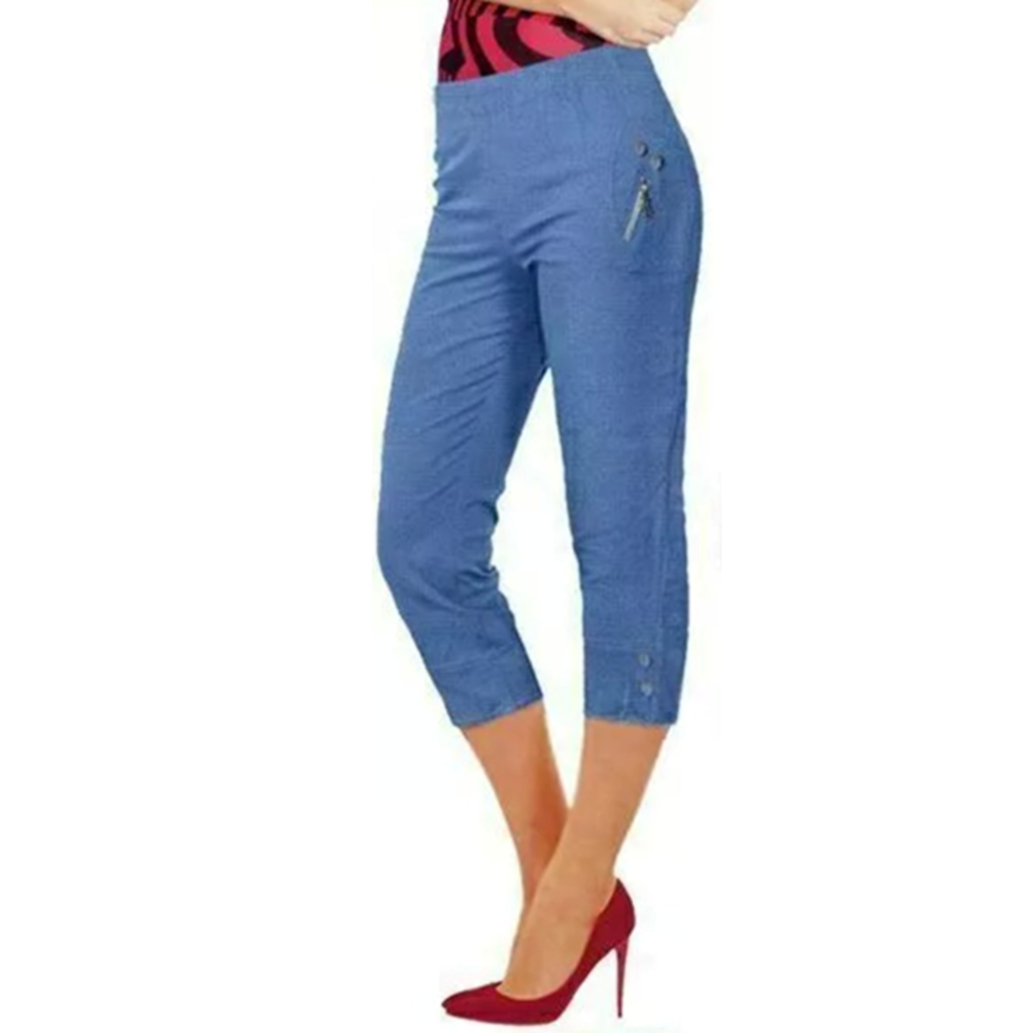 Ladies denim blue 3/4 cropped trousers with zip pocket and button detail summer fashion